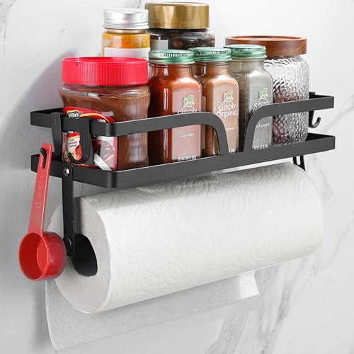 Kegii Küchenrollenhalter Wandrollenhalter Küche Küchenpapierhalter mit Gewürzregal, Küchenpapierhalter mit Ablage, Rollenhalter mit Gelochte oder Geklebte Zwei Installationsmethoden