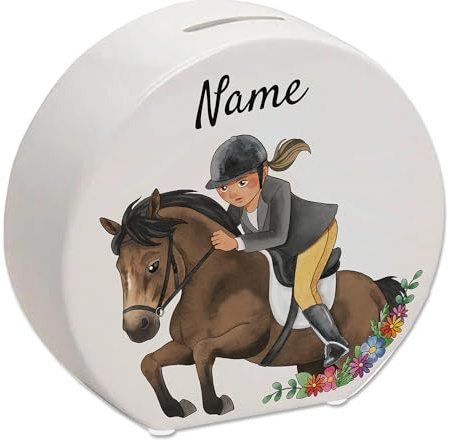 Personalisierbare Mädchen Geschenk Spardose mit Reiterin - Pferderasse, Haarfarbe und Jakett wählbar - Ideal für Pferde Mädchen Geburtstag