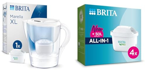 BRITA Marella XL Water Filter Jug White (3.5L) incl. 1x MAXTRA PRO All-in-1 cartridge - large-volume & MAXTRA PRO All-in-1 Water Filter Cartridge 4 Pack (NEW) - Original refill reducing