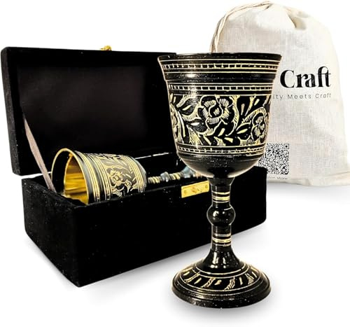 NARRY CRAFT Kelch aus massivem Messing, Vintage-Kalikkelch, mittelalterlich, handgefertigt, dekorativ, Kommunionstasse mit königlichem geprägtem Design, 1 Stück (mit Box, Blumenmuster) Schwarz