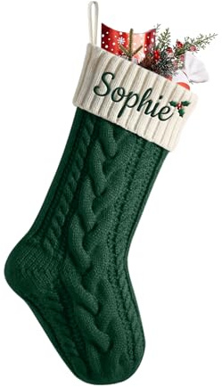 Weihnachtsstrumpf Personalisiert Name Nikolausstiefel, Nikolausstrumpf 18”große gestrickte Christmas Stockings hängende Weihnachtsstrümpfe Party Feiertags Weihnachten,Grün (Körper)/ Elfenbein (Mund)