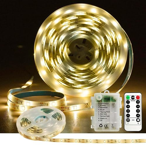 YeahBoom LED Streifen Batteriebetrieben,5 Meter LED Strip Selbstklebend | Wasserdicht Lichtleisten,mit 8 Modi Timer Fernbedienung,Flexibler Schneidbar,für Schlafzimmer Schrank Dekoration(Warmweiß)