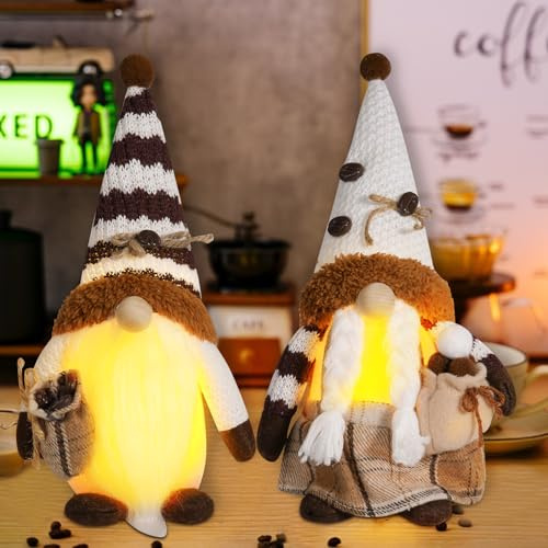 Kaffee Wichtel mit Beleuchtung 2 Stück Frühlings Deko Wichtel Sommer Wichtel Figuren mit LED Licht Erntedankfest Plüsch Rudolph Puppe Schwedischer Tomte Wichtel für Außen & Innen Deko (2 Stück)