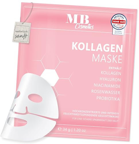 MB Cosmetics Masque au collagène – avec acide hyaluronique, niacinamides et probiotiques – masque visage hydratant en hydrogel pour réduire les rides. Ultra-concentré à 52 000 ppm, 1 pièce