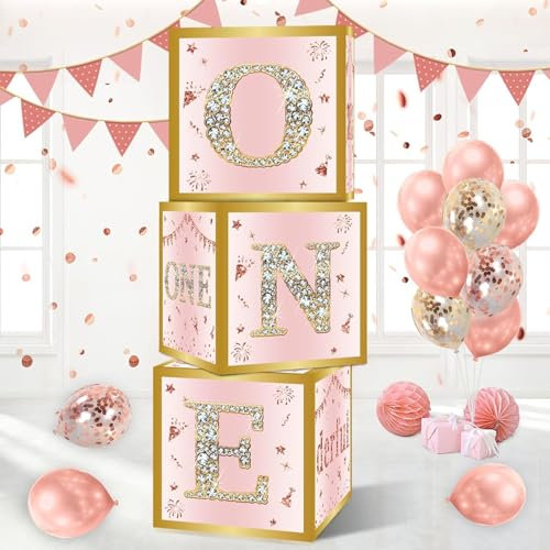 1st Birthday Decorations Boxes for Girls - 3pcs Pink Rose Gold First Birthday Balloons Boxes, One Year Old Happy Birth Party Cardboard Box Decorations for Baby Girl