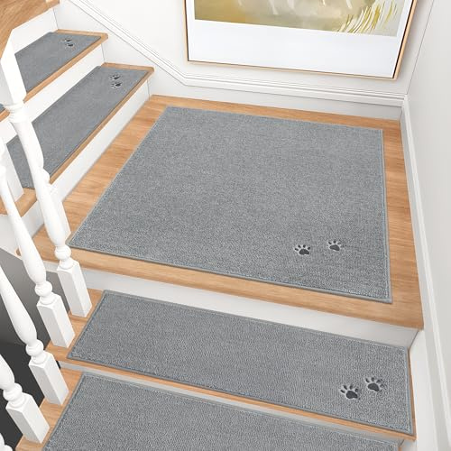 BEQHAUSE Treppeneckmatten Stufenmatten Innen rutschfest, Maschinenwaschbare | Treppenteppich für Kinder, Älteste und Haustiere, 100% Polyester TPE -Rücken, 76X76cm, Grau