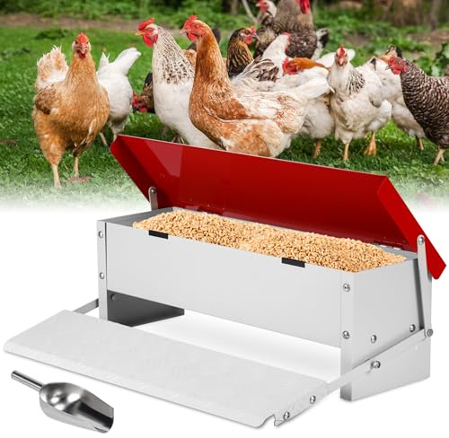 MUALROUS 5kg Automatischer Hühnerfutterautomat Rattensicherer großer Tret-Geflügelfutterautomat mit regenfestem Deckel Hühnerfutterautomaten für Entenfasane Hähne Zwerghühner Coop Futtertrog
