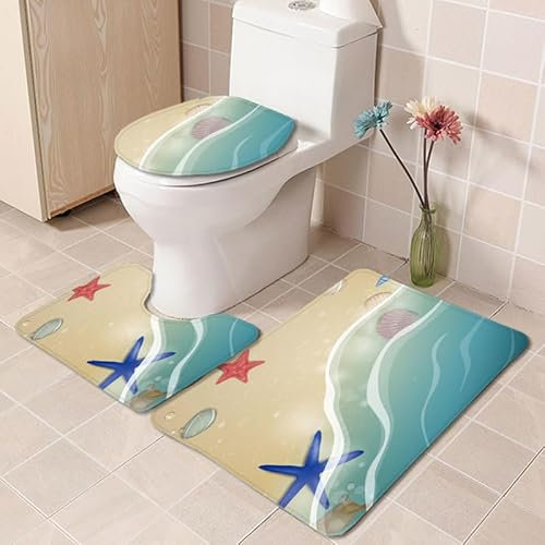 Badrumsmatta blå strandstjärna WC matta med utsnitt WC lockskydd 3 delar WC matta halkfri badrumsset U-formad badmatta tvättbar badrumsmattor set 50 x 80 cm