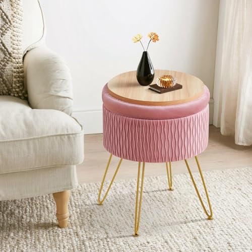 Ckaff Sgabello Pouf Contenitore, Cassapanca Rotonda Ottomano con Contenitore, Sgabello Toeletta Trucco Pouf Poggiapiedi in Velluto con 4 Gambe in Metallo per Soggiorno/Camera da Letto/Ingresso, Rosa