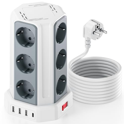 Regleta Vertical Enchufes 16A Regleta Enchufe con 12 Tomas Corrientes y 4 Rápida USB Tomas Proteccion Sobretension Cable de Extensión de 5M y Tapón de Seguridad con Interruptor para Casa Oficina