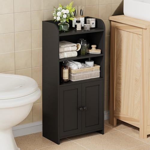 Homhedy Small Bathroom Storage Cabinet, Freestanding Toilet Paper Storage with 2 Doors and Shelves, Bathroom Organizers and Storage for Small Spaces, Laundry Room, 7.9 D x 14.6 W x 31 H, Black