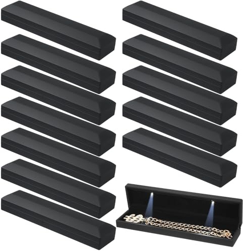 Yinkin 12 Pcs Black Velvet Jewelry Boxes LED Light Display Ring Necklace Bracelet Chain Gift Box Bulk Wedding Proposal Anniversary (Long Chain Box,Rectangular)