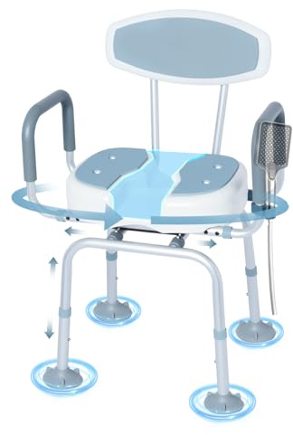 Bostar 360° Drehbarer Duschstuhl Duschsitz, Duschhocker Badhocker 45.5-56cm Höhenverstellbar 47-51cm Breitenverstellbar 136KG Belastbar mit Anti-Rutsch Füße/U-förmiges Designfür Senioren Badewannen