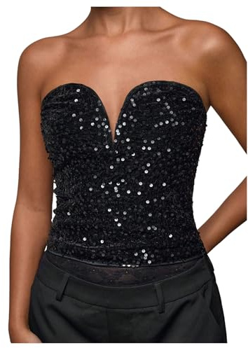 SweatyRocks Women's Sequin Tube Tops Sparkly Open Back Strapless Going Out Party Club Top Black Small