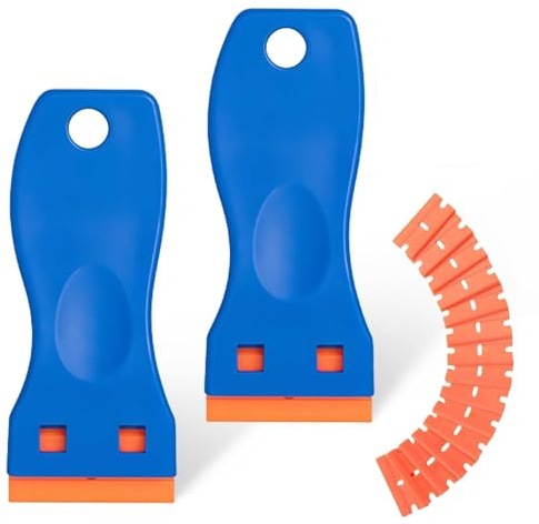 2 Piezas Espatula Plástico Rascador con 100 Cuchillas, Plastico Rasquetas, Rasqueta Vitroceramica, Para Auto Parabrisas Ventana, Espejos, Azulejos Limpieza, Calcomanías, Azul