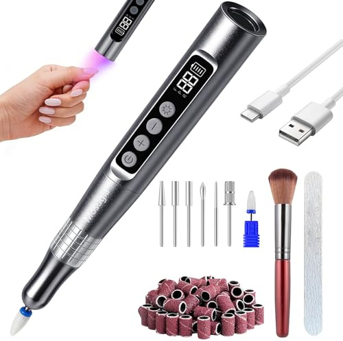 Mosugia Cordless Nail Drill with UV Light, 35000 RPM Electric Nail File Kit, Rechargeable Professional Nail Drill with 7 Drill Bits, 60 Sanding Bands, Type-C Portable Nail Drill for Beginners
