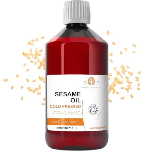 Olio di sesamo biologico puro al 100%. Olio di semi di sesamo spremuto a freddo con certificato biologico. Utilizzo in cosmesi naturale e massaggi ayurvedici 250 ML