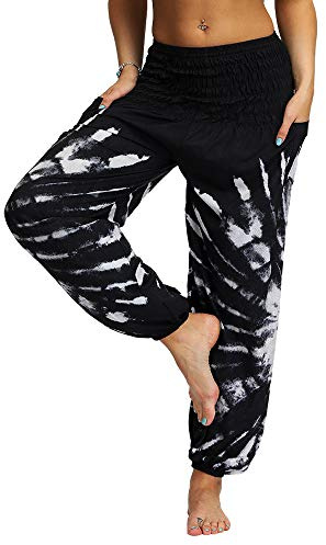 Nuofengkudu hippie haremsbyxor med fickor för kvinnor, yogabyxor, Svart B, En Storlek
