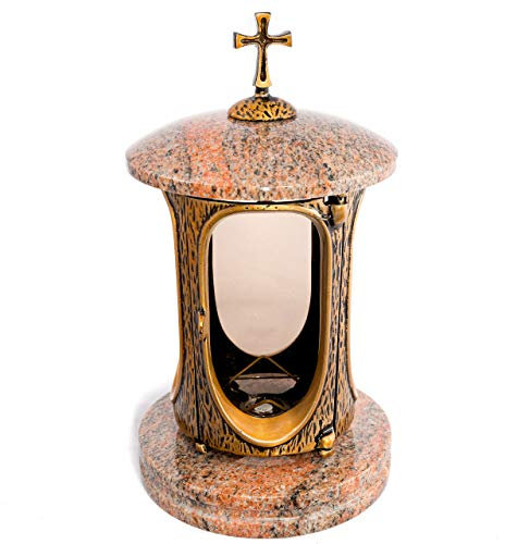 Élégante Lanterne Funéraire en Granit Multicolore Rouge - Hauteur 27 cm/Ø 15 cm - Avec Croix et Socle en Bronze - Décoration Funéraire