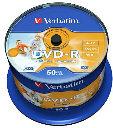 Verbatim® DVD-R Full Printable - Husillo de 4,7 GB, 16 x (50 Unidades), Incluye 1 Paquete de 50 Unidades