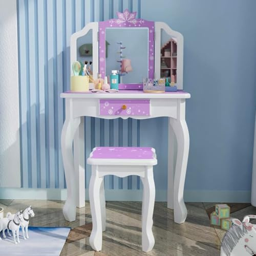 JOYMOR Kids Vanity Set, Wooden Princess Makeup Table with Stool, Tri-Folding Mirror, Large Drawer, Solid Wooden Legs Pretend Beauty Make Up Dressing Play Set for Girls Best Gift (Purple)