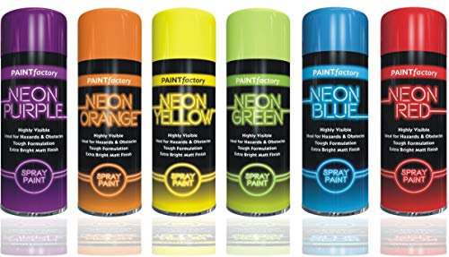 HitlineUK Neon Spray Paint 6 CANS OF FLUORESCENT NEON SPRAY CAN PAINT 200ML GRAFFITI EXTRA BRIGHT Yellow Purple Orange Green Blue Red