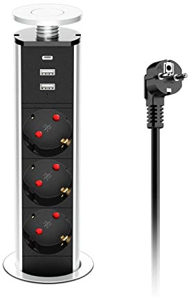 Enchufe Retráctil con USB C, Ohuo Regleta 3 Enchufes Regleta Multienchufe Retráctil con 3 USB, Torre de Enchufes Vertical Empotrable para Encimera de Cocina o Escritorio, Cable 1.8 m