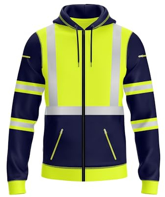 NOROZE Hi-Viz huvtröja med dragkedja för män reflekterande tejp hög synlighet säkerhetsrock med dragkedja verktygstelefon och prylar fickor sweatshirt toppjacka UK storlek S-XXL, Stil 3: Neongrön/marinblå, S
