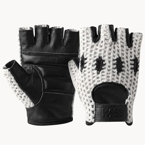 PSS Mitaines Cuir Crochet Filet Mailles Homme pour Conduite, Vélo, Cyclisme, VTT - Sans Doublure, Demi-Doigts, Rembourré - Été/Hiver - Noir, Rouge ou Camel