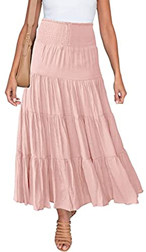 IWEMEK Women Summer Boho Maxi Skirt Ruched Elastic High Waist Casual Ruffle Flowy Swing Tiered Pleated A-Line Holiday Casual Gypsy Vintage Long Skirts Full Length Pink S