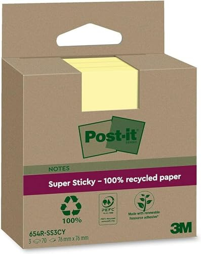 Post-it Super Sticky Recycling-Notes, 3 Blöcke (210 Blatt), 76 mm x 76 mm | Selbstklebende Haftnotizen mit Stärkerer Haftung, Klebezettel für Bürobedarf, Erinnerungen & To-Do-Listen; Repositionierbar