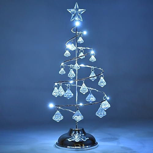 Christmas Crystal Tree Lights 13 Inch Tabletop Christmas Tree Decoration Christmas Tree Lamp with LED and Crystal Pendant Christmas Desktop Decoration for Home Wedding Party Winter Decor (Silver)