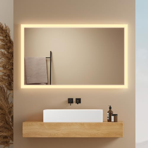 EMKE Badspiegel mit Beleuchtung 100x60cm, 3000K Warmweiß | LED-Lichtspiegel für Wandschalter, Vertikal/Horizontal Montage, IP44 Schutz, explosionssicherer Badezimmerspiegel