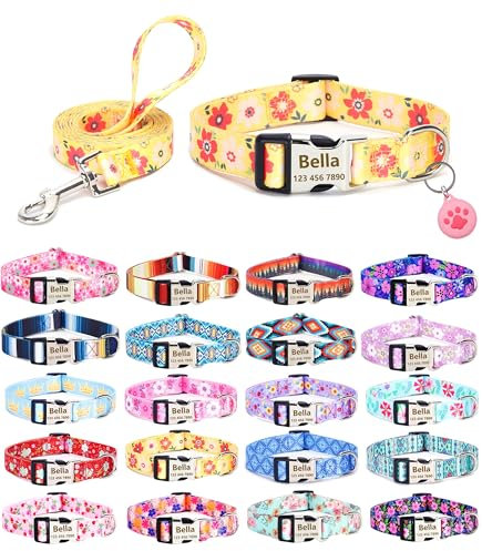Moonpet Hundehalsband, Leine, Airtag-Halter, Etui-Set mit graviertem Ausweis, Namensschild, Telefonnummer für Welpen, XS, S, M, L, XL, Jungen, Mädchen, Hunde, gelbe Blume, Größe L