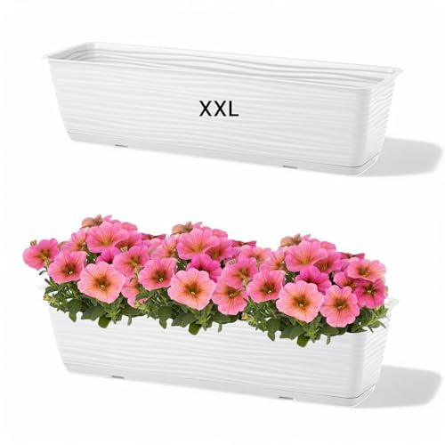 MELTOM Blomkruka blomlåda med hållare balkonglåda vågor 3D-effekt med underlägg (vit, XXL – 80 cm)