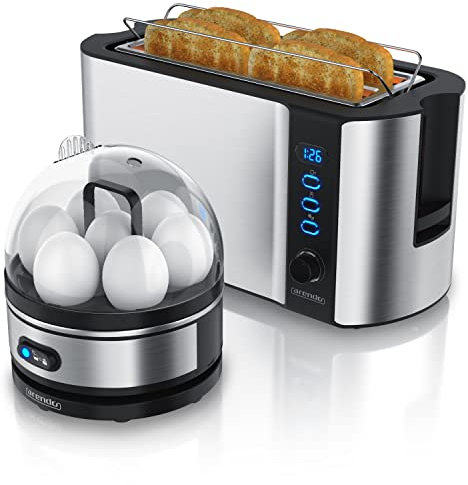 arendo Set Ensembles Grille-Pain FRUKOST et cuiseur à Oeufs SEVENCOOK INOX Gris, Grille-Pain 4 tranches écran LED 6 degrés de brunissage Support viennoiserie Cuiseur à Oeufs 1-7 Oeufs Verre doseur