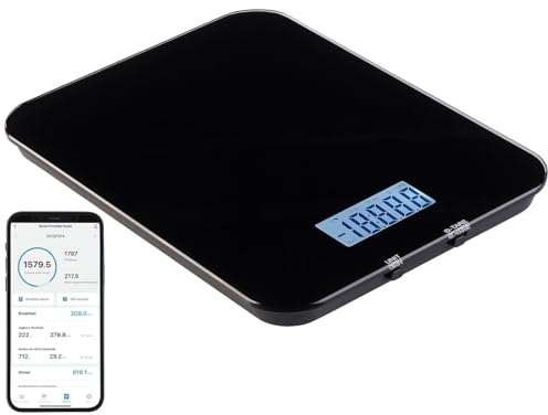Rosenstein & Söhne Akku Küchenwaage: Smarte Küchenwaage mit Kalorienzähler, Nährwertrechner, App, 1 g genau (Digitale, Kalorienwaage, Senioren Handy)