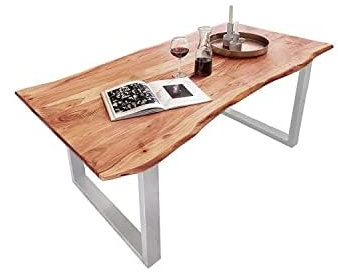 SAM B-Ware Esstisch 200x100 cm Mundra, Baumkantentisch aus Akazienholz, massiv + naturfarben, U-Metallgestell Silber, Esszimmertisch mit echter Baumkante