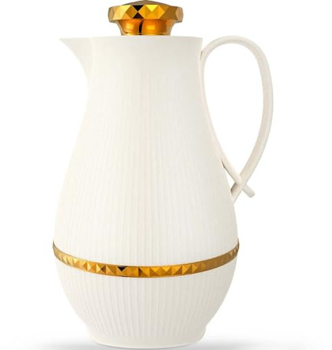 Insulated Thermal Coffee Carafe, 33 oz, Luxury Arabic-Style Insulated Carafe Flask,Coffee Tea Pot,with Spout and Glass Liner for Hot Cold Water,Housewarming Ornaments (White)
