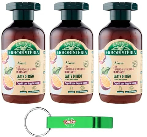 3 x Antica Kräuterboristeria Feuchtigkeitsshampoo Reismilch, Shampoo und Spülung für Haare mit doppelten Spitzen mit natürlichen Inhaltsstoffen, Flaschen à 225 ml + Schlüsselanhänger Beni Culinari