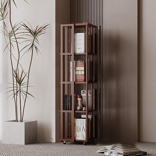 LLYLAFDC Eck-Bücherregalturm, Multifunktionale Bewegliche Aufbewahrungsregale, 360° Drehbares Aufbewahrungsregal, Standregale, Für Wohnzimmer, Arbeitszimmer Und Büro(Brown,132cm)