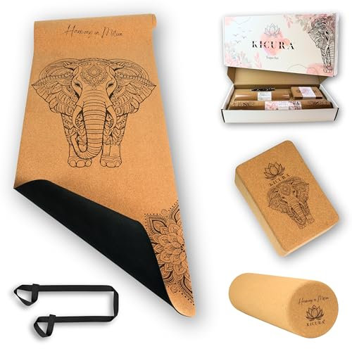 Kicura Yoga-Set – Premium Matte aus Kork & Naturkautschuk mit Elefantenmotiv – (4mm, gute Dämpfung und Rutschfest) – inkl. Tragegurt, Faszienrolle & Block – Nachhaltig, in 3 Größen (SET-XL)
