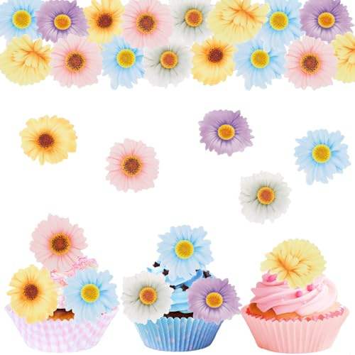 ALEGRE Gänseblümchen Tortendeko Blumen Essbar,48 Stück Essbare Blumen für Torte,Bunt Blumen Kuchen Deko Essbar,Essbare Blüten Tortendeko,Gänseblümchen Cupcake Deko Essbar,Blumen Torte Deko Hochzeit