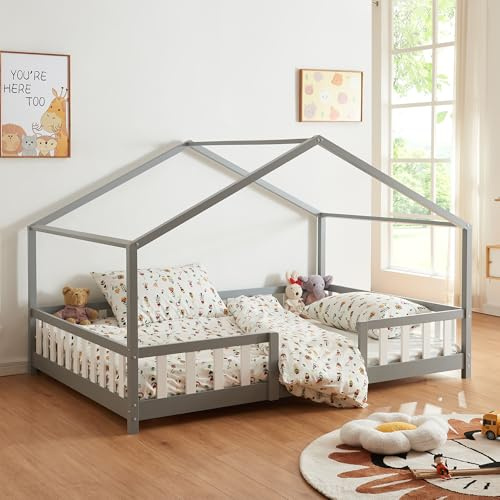 [en.casa] Kinderbett Treviolo 140x200 cm Hellgrau/Weiß | Hausbett, Montessori, Holzbett für Kinder, Bettgestell mit Lattenrost, Kiefernholz