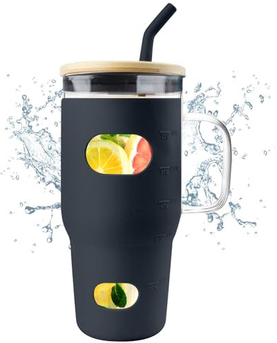 ONEHAUS Glass Tumbler with Lid and Straw – Premium Glass Water Bottle with Silicone Sleeve and Handle, BPA-Free Black