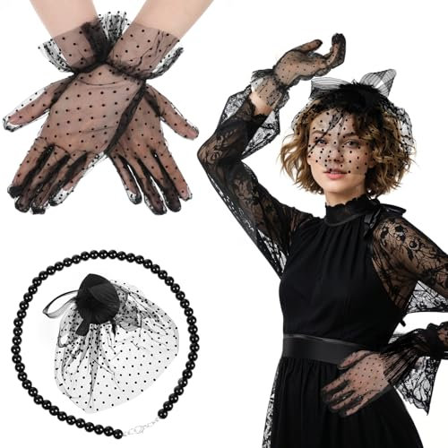Abeillo 3er-Set 1920er Fascinators für Damen,Schwarz Schleier Hut,Fascinator-Teeparty-Hut mit Schleier, Spitzenhandschuhen und Kunstperlenkette für 1920er Accessoires Damen