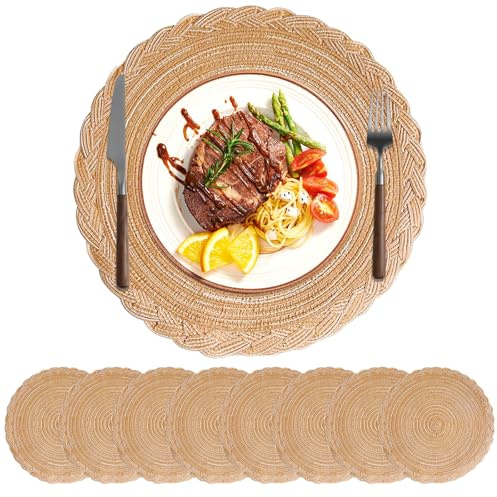 DENUOTOP 8er Set Platzset Rund, Tischsets Platzsets Abwaschbar, Boho Geflochten Hitzebeständig Placemat (8er Blume Streifen, Khaki)