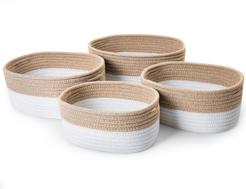 Ezvsevuo 4 Pezzi Cestini Portaoggetti in Corda di Cotone Intrecciato, Cesto Portaoggetti Ceste con Manici, Cestino Impilabile Organizer per Camera, Bagno, Armadio, Bambini, Soggiorno, Bianco & Iuta