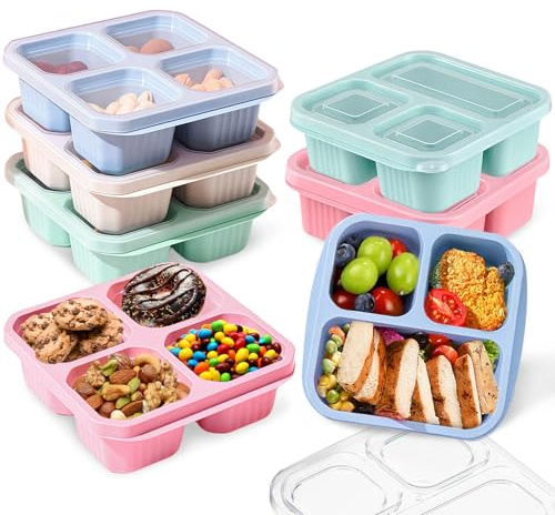 7 Pack Snack Box with Compartments, Snack Boxes for Kids, Reusable Bento Lunch Boxes with Transparent Lids, Kids Adults Leakproof Divided Food Storage for School Work Travel (Pink/Beige/Green/Blue)