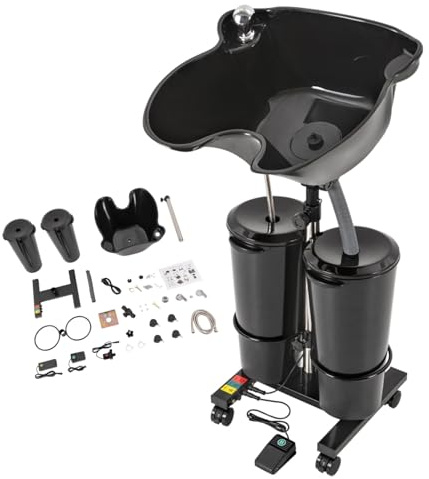 ROGONPDK Friseur-Waschbecken Mobil Waschplatz Höhenverstellbar Haarwaschbecken Rückwärtswaschbecken mit Pump Schwarz Kopfwaschbecken mit Universal-Räder & Eimer für Spas & Friseurläden